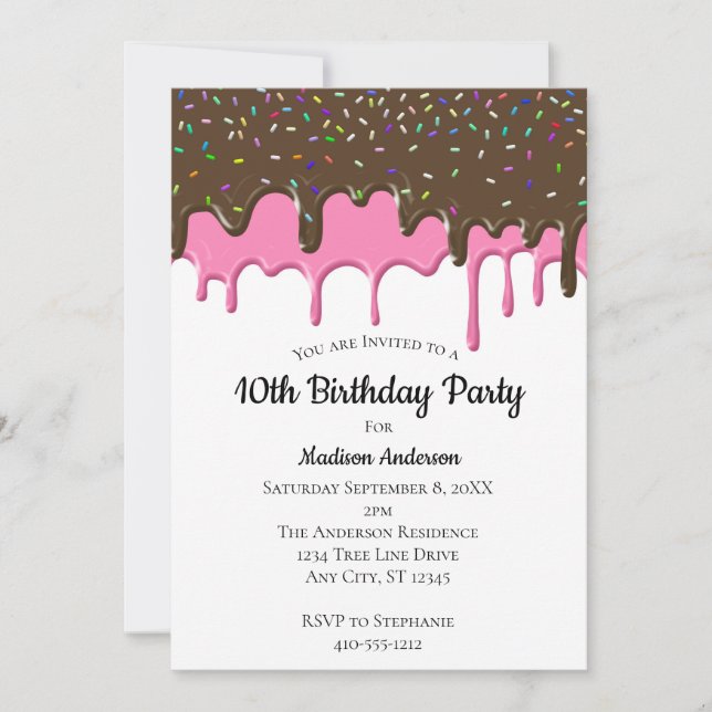 Invitación Cumpleaños con glaseado goteante y sprinkles (Anverso)