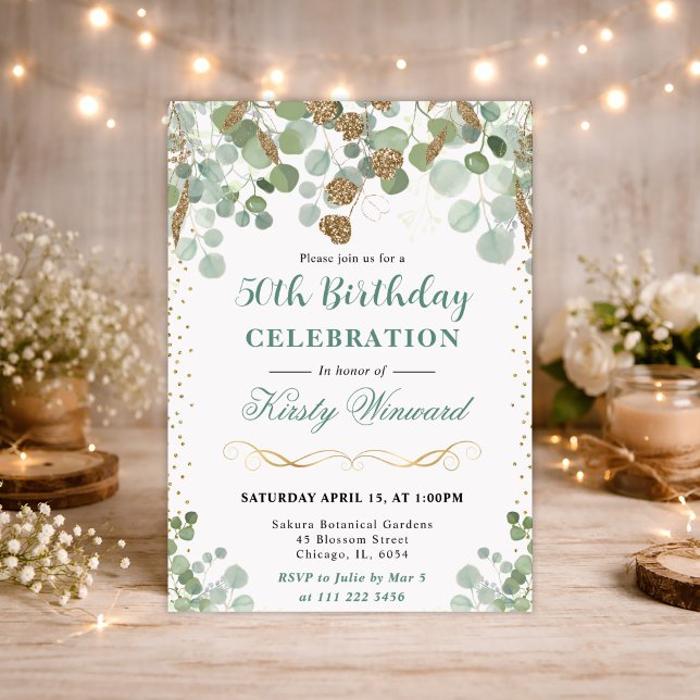 Invitación Cumpleaños con Glitter Dorado y Eucalipto Acuarela (Subido por el creador)