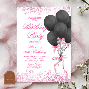 Invitación Cumpleaños con Globo de Purpurina Negro y Rosa
