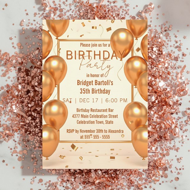 Invitación Cumpleaños con Globos y Confeti de Champagne Dorad (Subido por el creador)