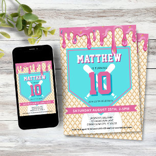 Invitación Cumpleaños con goteo de béisbol azul rosa para cua