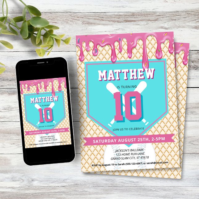 Invitación Cumpleaños con goteo de béisbol azul rosa para cua (Baseball Drip Birthday Party Invitation)