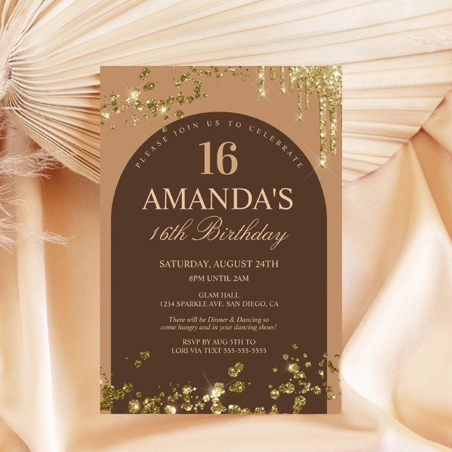 Invitación Cumpleaños con goteo de brillo falso marrón y dora (Subido por el creador)