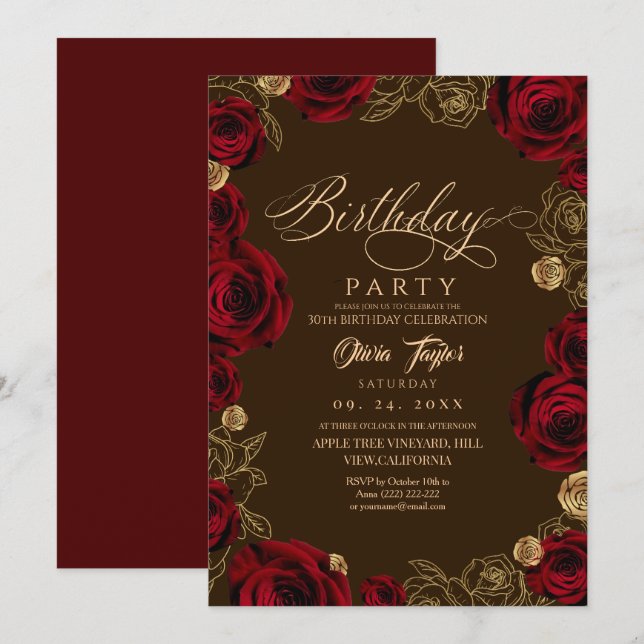 Invitación Cumpleaños con guión de rosa roja Borgoña rústica (Anverso / Reverso)