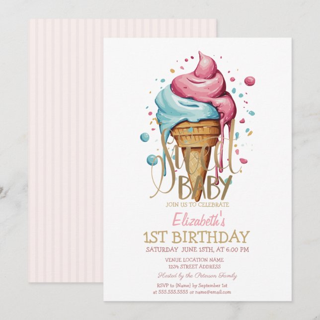 Invitación Cumpleaños con Helado Rayado que Gotea Fresco (Anverso / Reverso)