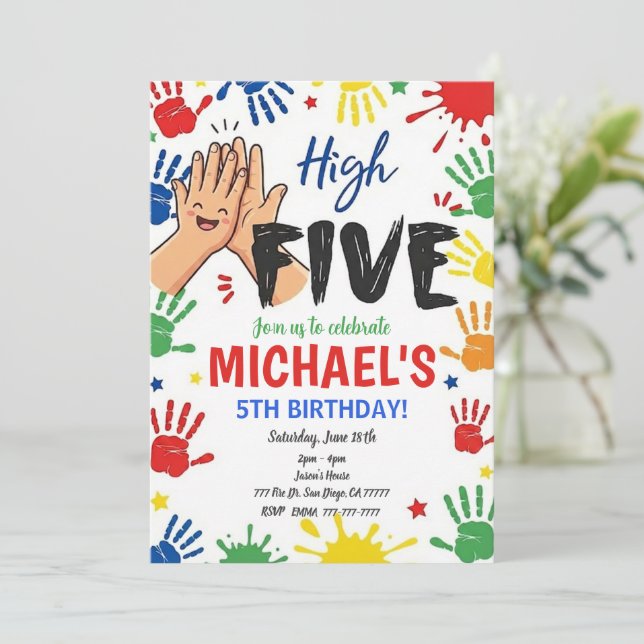 Invitación Cumpleaños con High Five Cumpleaños Hi Five 5º Fie (Anverso de pie)
