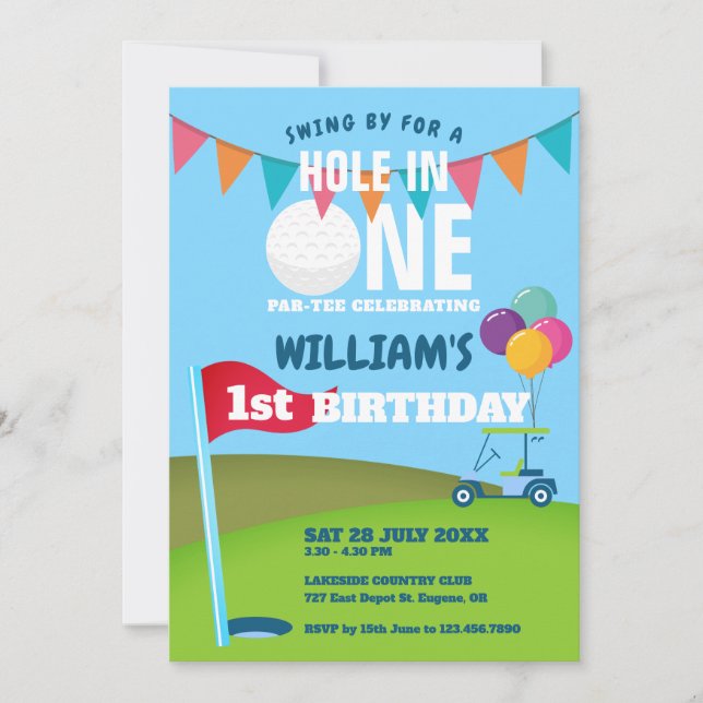 Invitación Cumpleaños con Hole In One Golf Partee 1st  (Anverso)