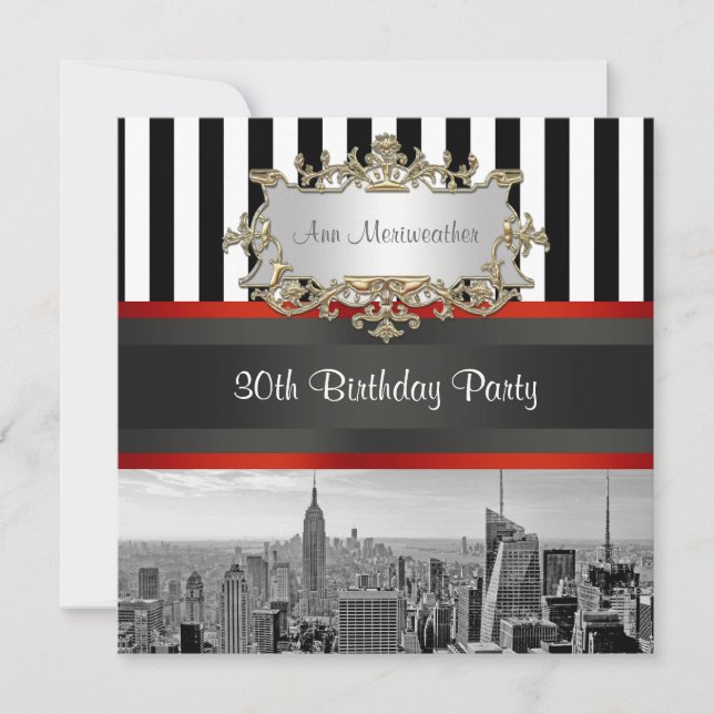 Invitación Cumpleaños con horizonte de la ciudad de NY en bla (Anverso)