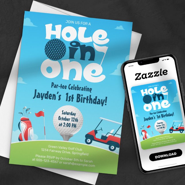 Invitación Cumpleaños con Hoyo en Uno Par tee Verde Azul Golf (Subido por el creador)