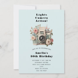 Invitación Cumpleaños con imagen retro de cámara con flores