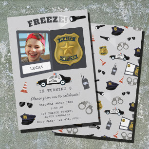 Invitación Cumpleaños con insignia de policía con tema de pol