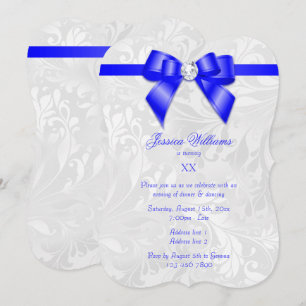Invitación Cumpleaños con lazo azul diamante, cinta y damasco