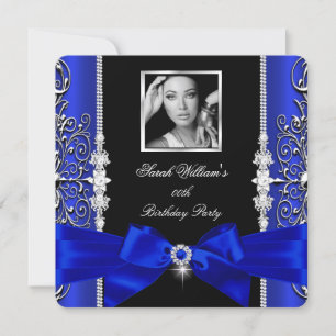 Invitación Cumpleaños con Lazo Azul Real Foto Negra Plateada 