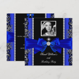 Invitación Cumpleaños con Lazo Azul Real Foto Negra Plateada 