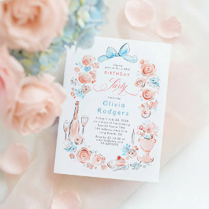 Invitación Cumpleaños con lazo coquette floral caprichoso dib