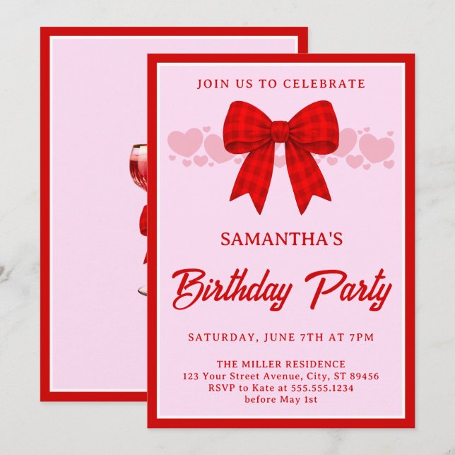 Invitación Cumpleaños con Lazo de Gingham Rojo (Anverso / Reverso)