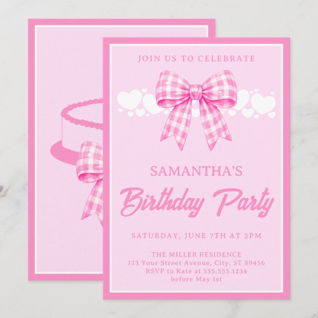 Invitación Cumpleaños con Lazo de Gingham Rosa (Anverso / Reverso)