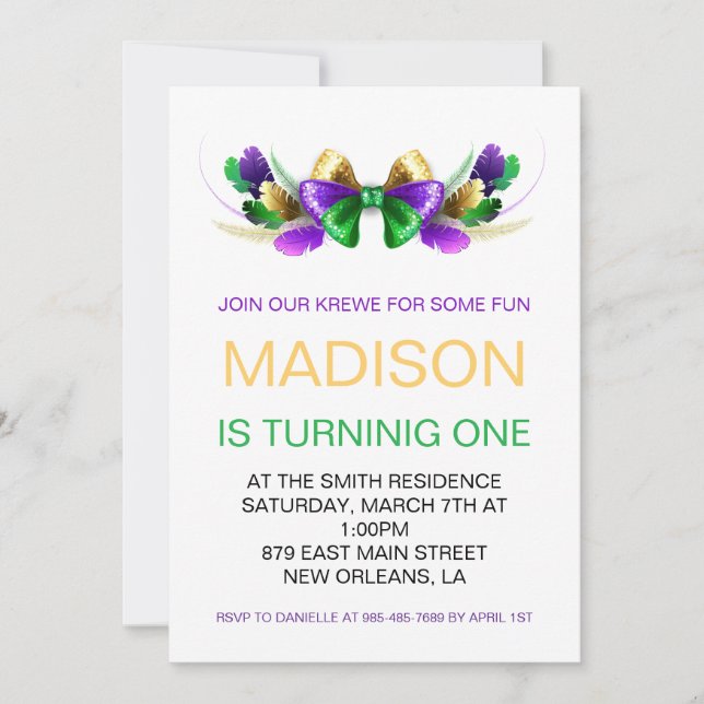 Invitación Cumpleaños con lazo de Krewe Coquette de Mardi Gra (Anverso)