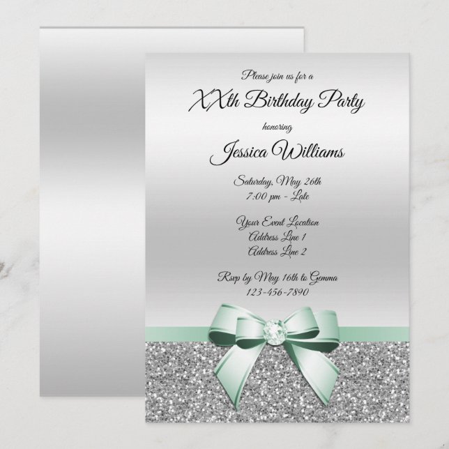 Invitación Cumpleaños con lazo de menta y brillos de plata (Anverso / Reverso)
