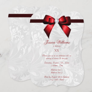 Invitación Cumpleaños con lazo rojo diamante, cinta y damasco