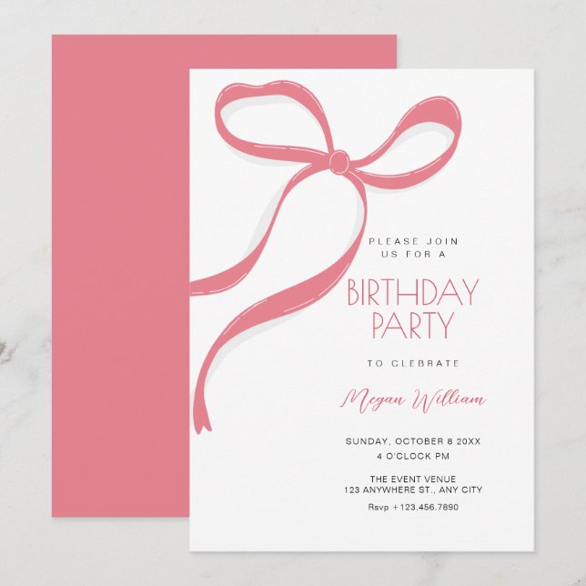 Invitación Cumpleaños con lazo rosa (Anverso / Reverso)
