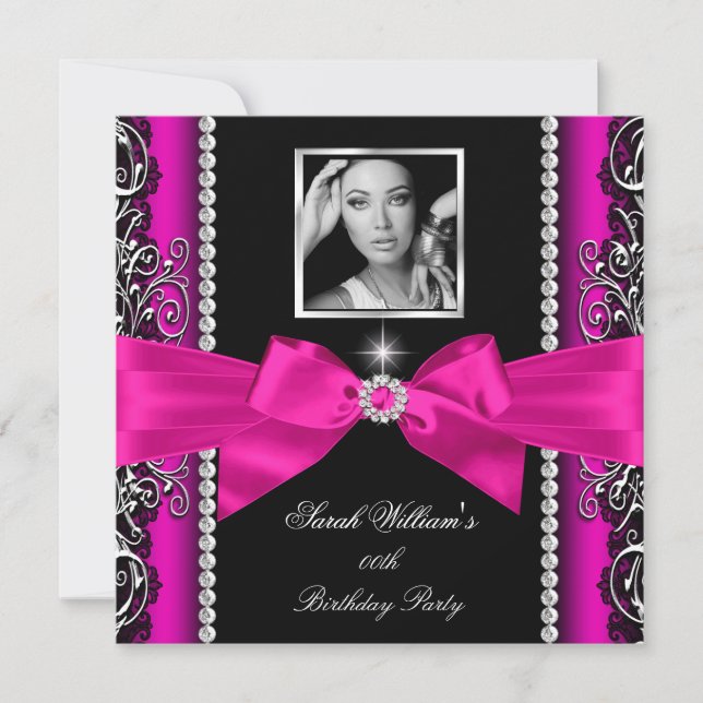 Invitación Cumpleaños con Lazo Rosa Brillante Foto Plateada (Anverso)