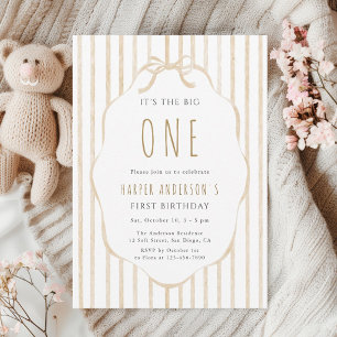 Invitación Cumpleaños con lazo y rayas beige