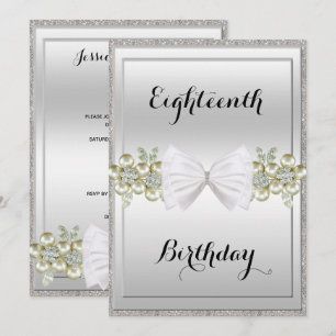 Invitación Cumpleaños con lentejuelas plateadas y gemas flora