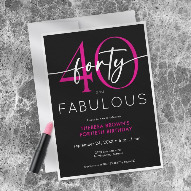 Invitación Cumpleaños con letra script fabulosa cuarenta rosa (Modern Minimal Pink Forty Fabulous Script Birthday Invitation)