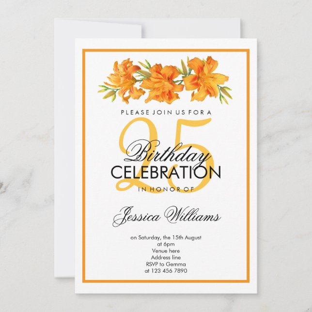 Invitación Cumpleaños con Lirios Naranjas Románticos y Elegan (Anverso)