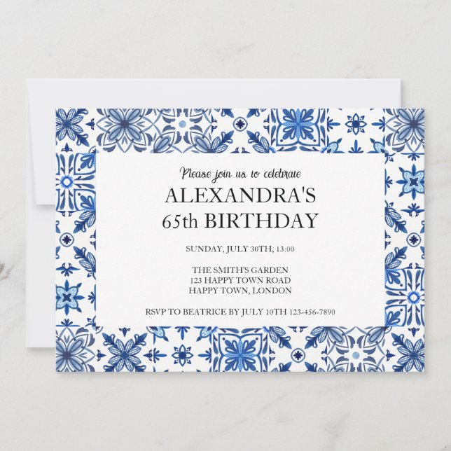 Invitación Cumpleaños con marco de azulejos mediterráneos (Anverso)