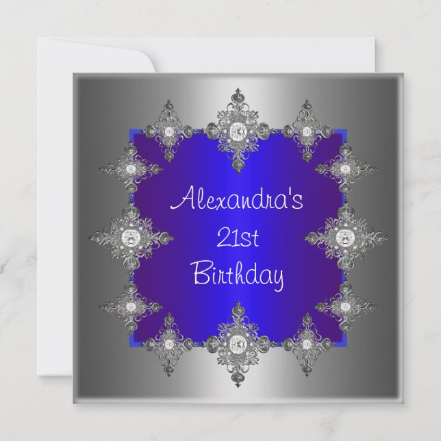 Invitación Cumpleaños con marco de joya azul elegante platead (Anverso)