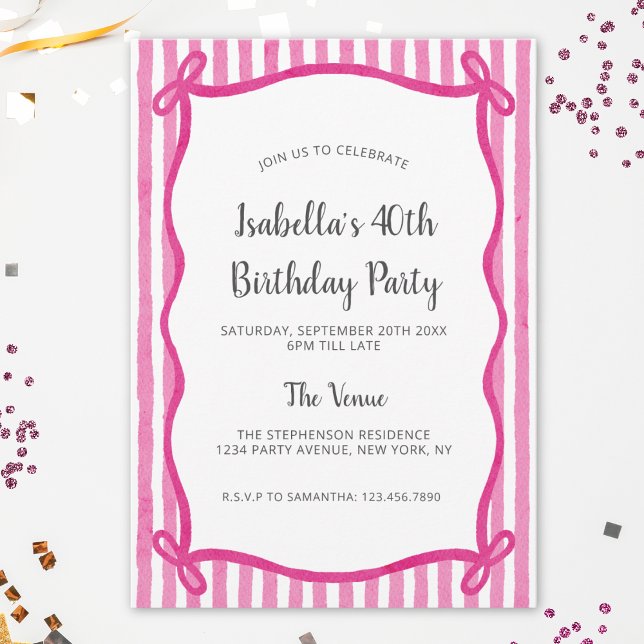 Invitación Cumpleaños con marco de lazo rosa moderno doodle (Subido por el creador)