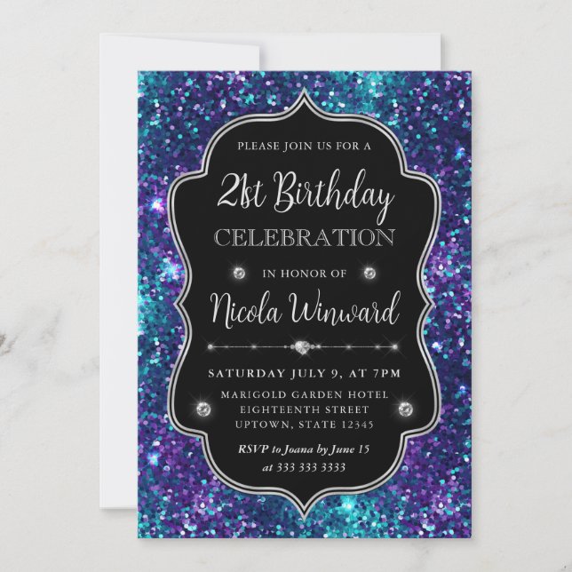Invitación Cumpleaños con Marco de Lentejuelas de Sirena Mora (Anverso)