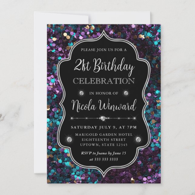 Invitación Cumpleaños con Marco de Lentejuelas de Sirena Mora (Anverso)