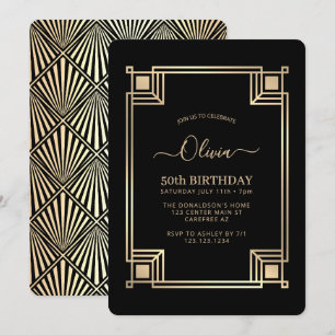 Invitación Cumpleaños con marco de oro elegante Art Deco