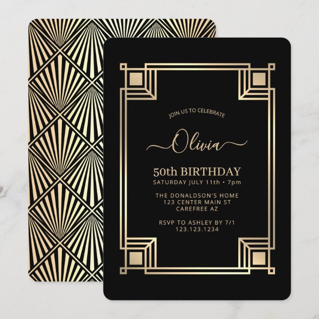Invitación Cumpleaños con marco de oro elegante Art Deco (Anverso / Reverso)