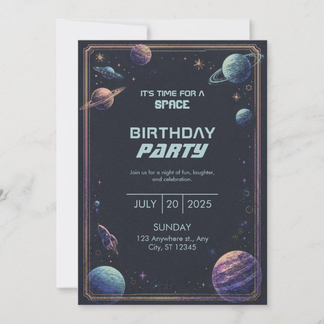 Invitación Cumpleaños con marco de planeta espacial pastel gr (Anverso)