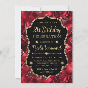 Invitación Cumpleaños con marco vintage de brillo rojo elegan