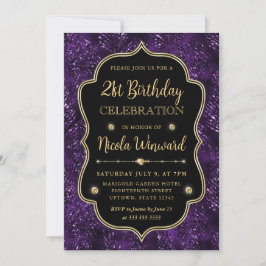 Invitación Cumpleaños con marco vintage de purpurina elegante