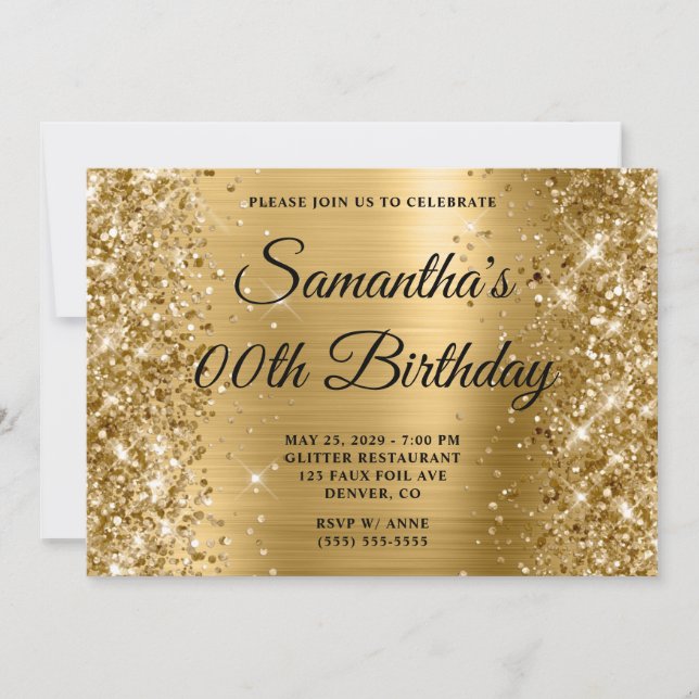 Invitación Cumpleaños con Monograma Dorado Brillante (Anverso)