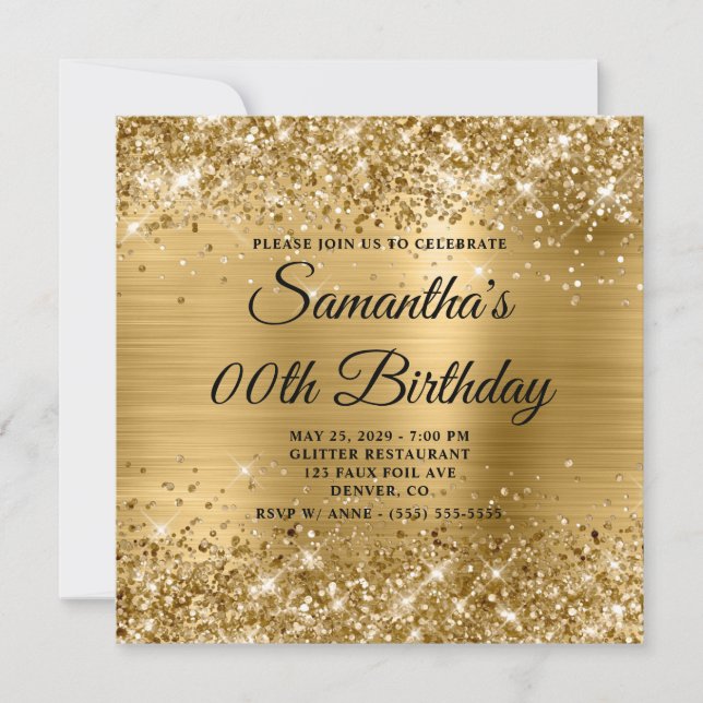 Invitación Cumpleaños con Monograma Dorado Brillante (Anverso)