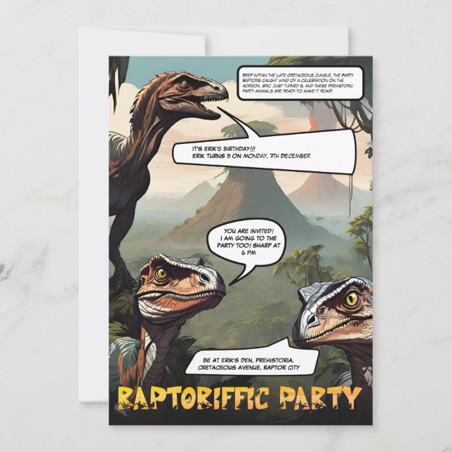 Invitación Cumpleaños con Novela Gráfica Temática de Dinosaur (Anverso)