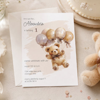 Invitación Cumpleaños con osito de peluche y globos