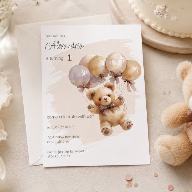 Invitación Cumpleaños con osito de peluche y globos (Subido por el creador)