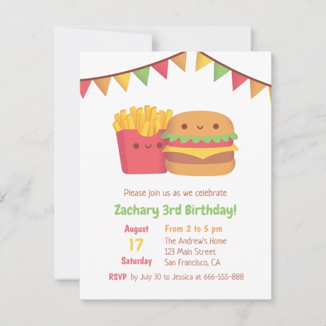 Invitación Cumpleaños con Patatas Fritas y Hamburguesa de Com (Anverso)