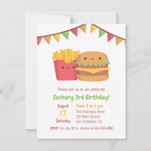 Invitación Cumpleaños con Patatas Fritas y Hamburguesa de Com