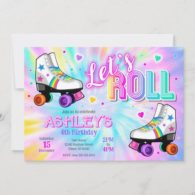 Invitación Cumpleaños con patinaje sobre ruedas Tie Dye Neon  (Anverso)