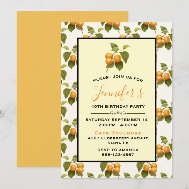 Invitación Cumpleaños con patrón de acuarela de albaricoques  (Anverso / Reverso)