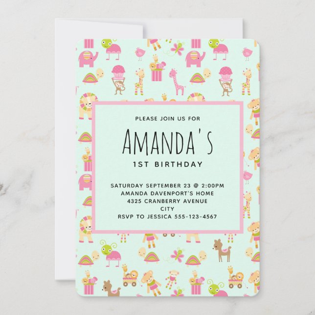 Invitación Cumpleaños con patrón de animales de guardería lin (Anverso)